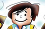 Cartoon illustration of a boy with long hairs smiling